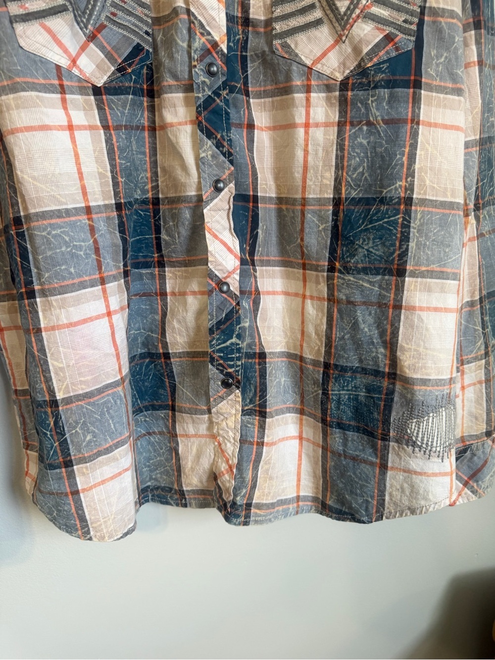 Affliction Mens Blue Plaid Snap Button Embroidered Patch Black Premium Shirt 2XL - Picture 7 of 16